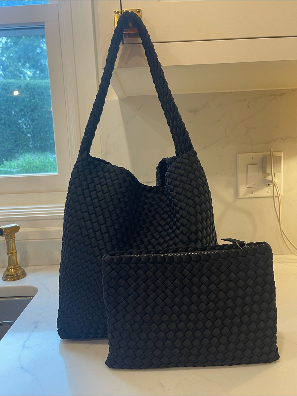 Naghedi Nomad Medium Hobo Black Woven Shoulder Tote with Zip Pouch